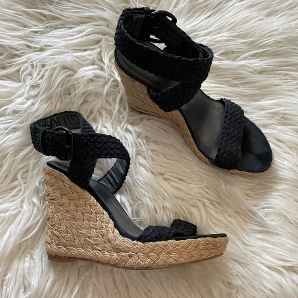 Stuart Weitzman Alex black espadrille woven wedge sandals size 9.5
